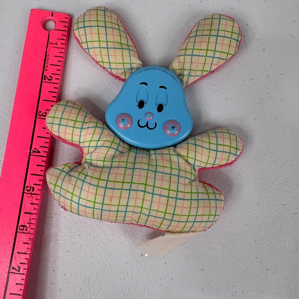 Vintage Fisher Price‎ Baby Toy Fabric Plastic Rattle Blue Plaid Pink Terry Cloth